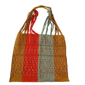Tote Bag Women Multicolor Boho Striped Pom Pom Handcrafted